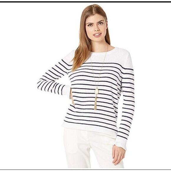 Lilly Pulitzer Size XS Calloway White Navy Blue Stripe Nautical Ruffle Sweater - Picture 2 of 8